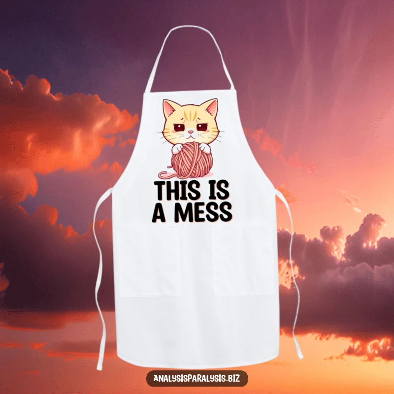 Funny cat apron illustrating a confused cat looking bewilderedly at a large, tangled ball of yarn.