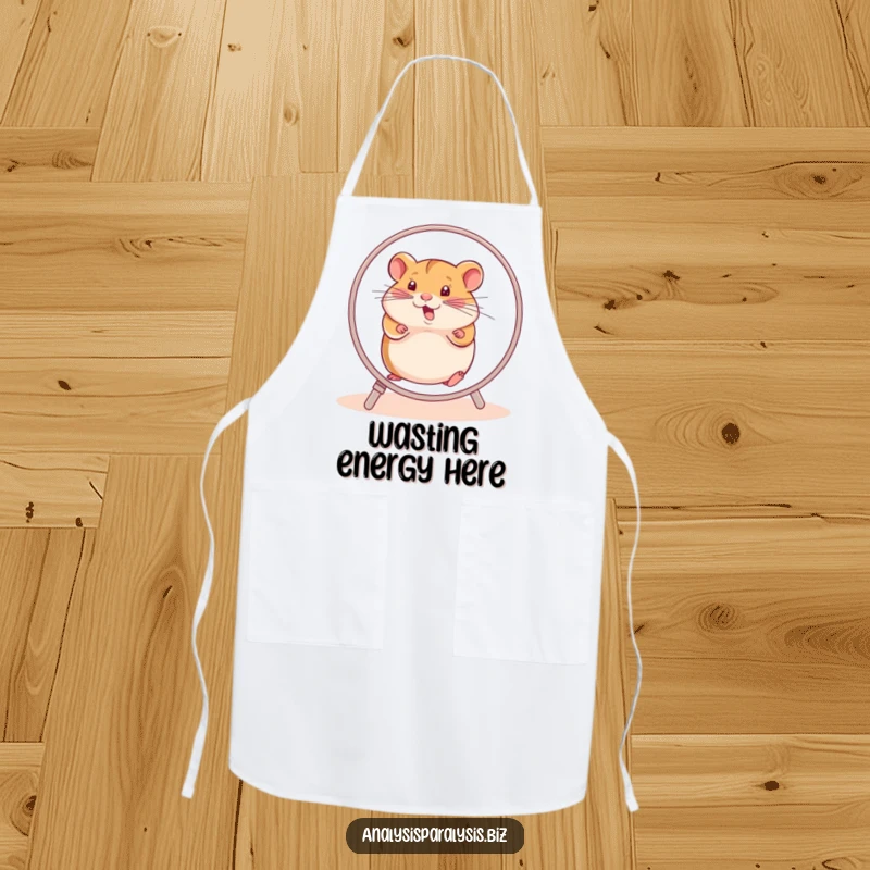 Funny hamster apron depicting a determined hamster running furiously on its wheel, symbolizing effort and no progress.
