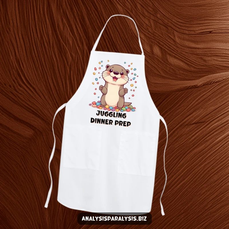 Funny apron showing a cheerful otter juggling a large number of small, colorful pebbles, designed for kitchen fun.
