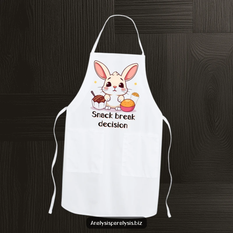 Funny apron with a startled bunny with perked ears, caught between two tempting snack options, designed for kitchen fun.