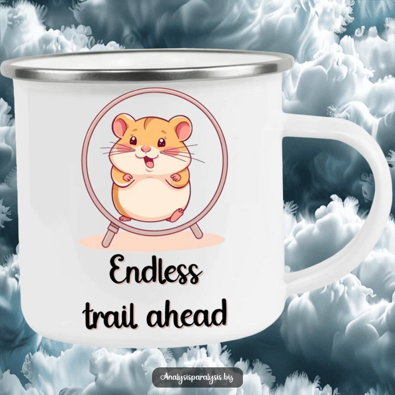 Funny hamster camping mug depicting a determined hamster running furiously on its wheel, perfect for outdoor enthusiasts.