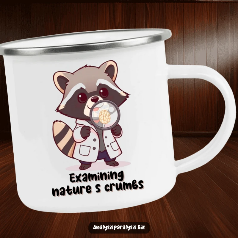 Funny camping mug featuring a playful raccoon in a tiny lab coat, intently examining a grain of rice, durable for outdoor use.