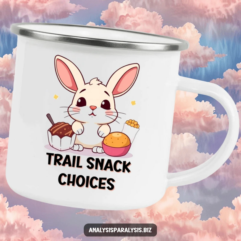 Funny camping mug featuring a startled bunny with perked ears, caught between two tempting snack options, durable for outdoor use.