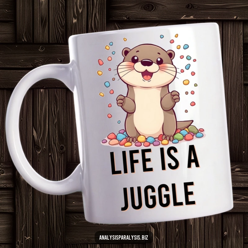 Funny mug featuring a cheerful otter expertly juggling many tiny, colorful pebbles, showcasing impressive dexterity and humor.