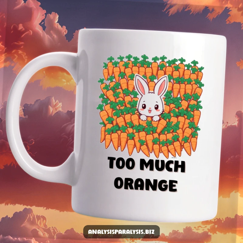 Funny bunny mug depicting a tiny rabbit looking overwhelmed, buried under a massive mountain of identical carrots.
