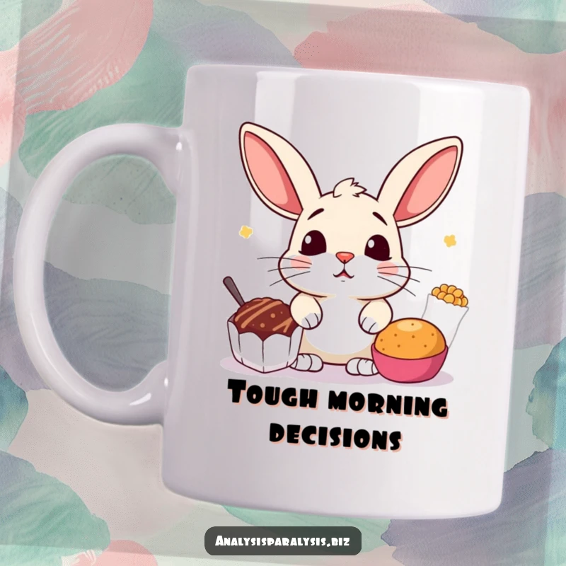 Funny mug featuring a startled bunny with perked ears, caught in the middle of two equally tempting snack options, depicting indecision.