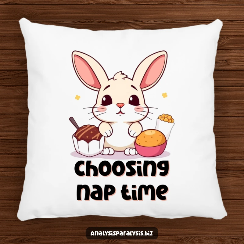 Funny pillow featuring a startled bunny with perked ears, caught between two tempting snack options, offering comfort and humor.