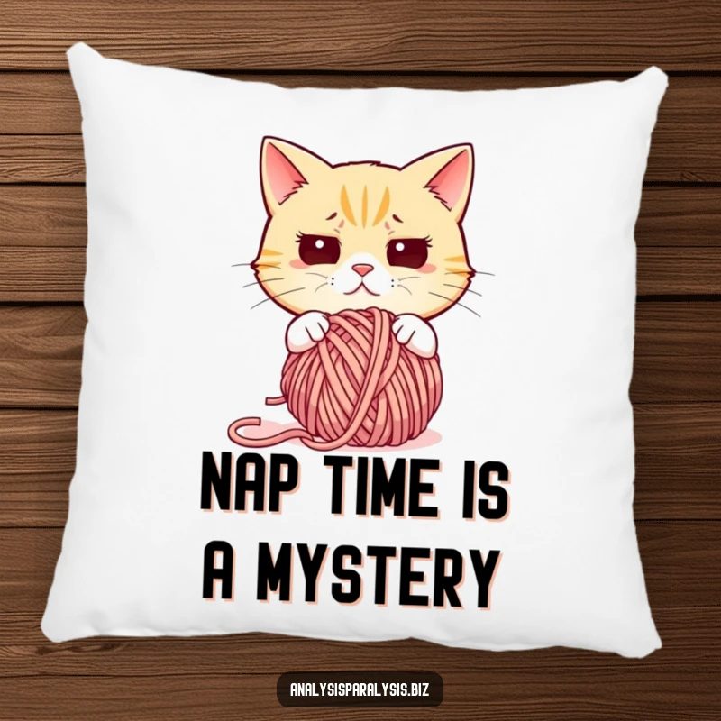 Funny cat pillow showing a very confused cat staring blankly at a tangled mess of yarn, perfect for sofa comfort.