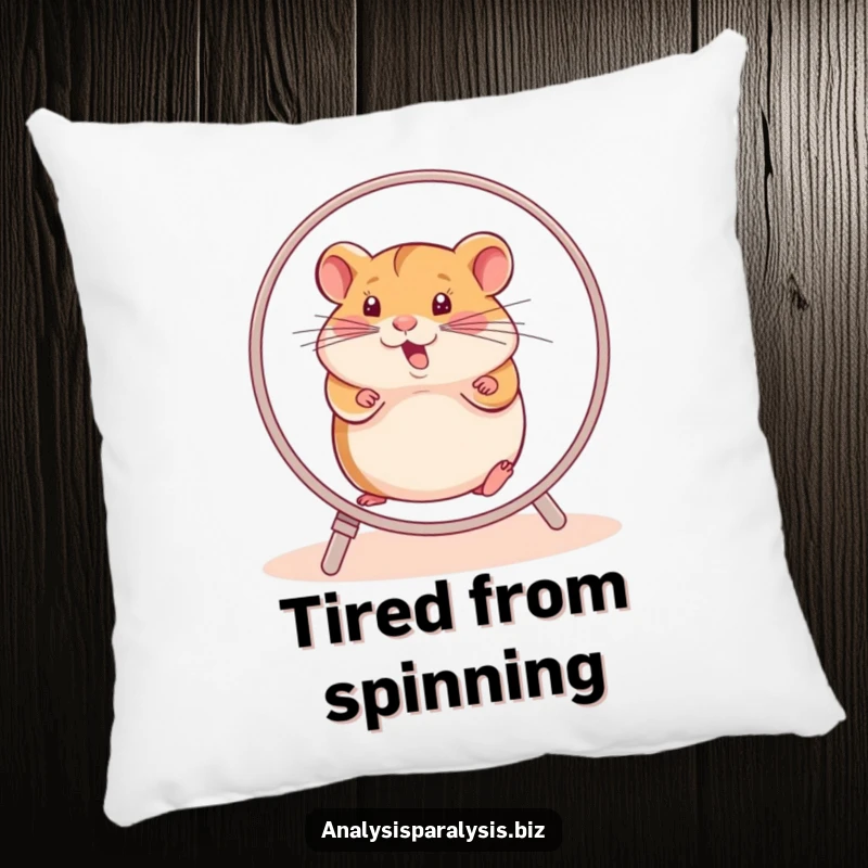Funny hamster pillow showing a determined hamster running furiously on its wheel, symbolizing the feeling of being stuck.