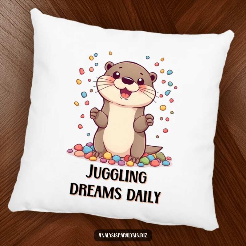 Funny pillow featuring a cheerful otter juggling many tiny, colorful pebbles, providing soft comfort and a humorous touch.