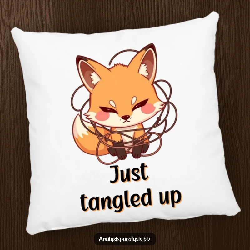 Funny pillow featuring a curious fox with a furrowed brow, surrounded by tangled string, offering comfort and humorous contemplation.