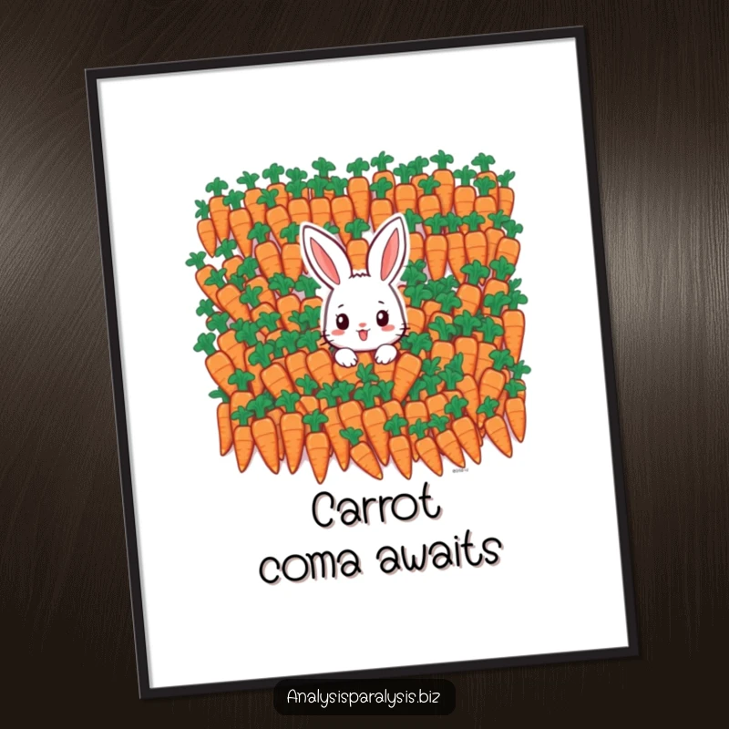 Funny bunny digital art print of a small rabbit overwhelmed by a massive mountain of identical carrots, adding quirky charm.