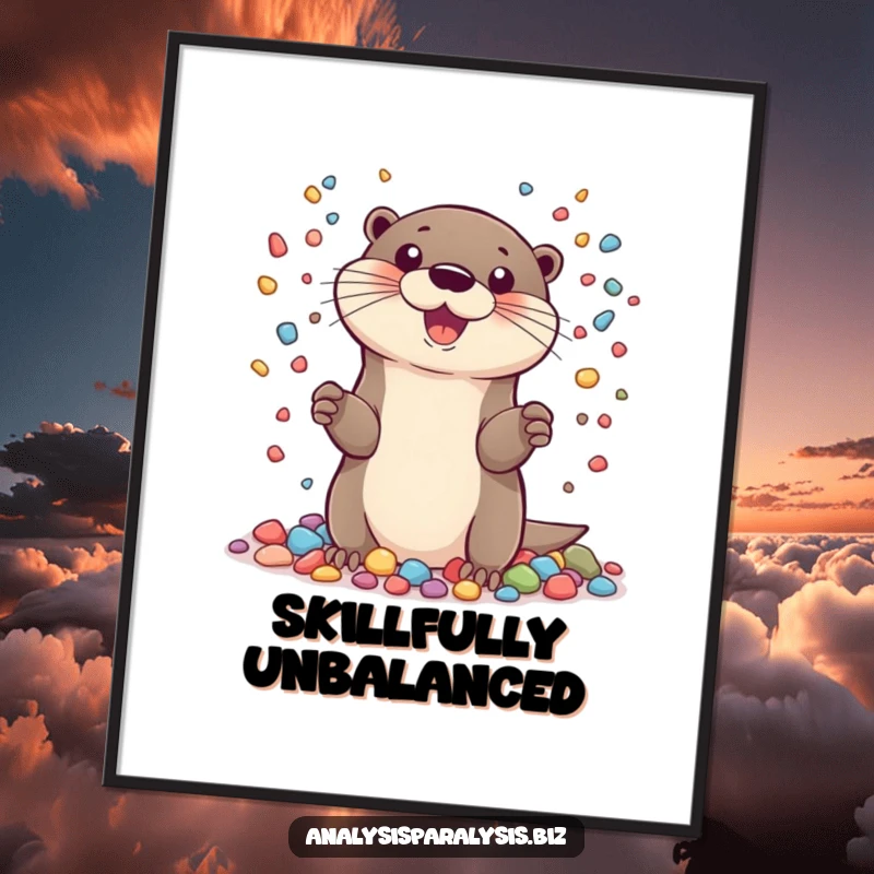 Funny digital art print of a cheerful otter juggling many tiny, colorful pebbles, ready to download and frame for vibrant decor.