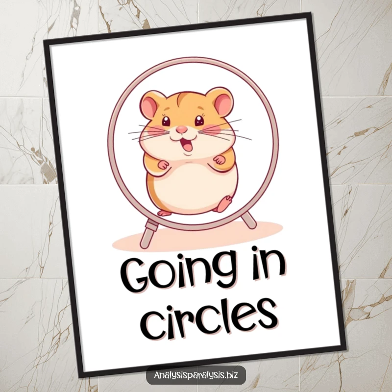 Funny hamster digital art print of a determined hamster running furiously on its wheel, symbolizing relentless effort.