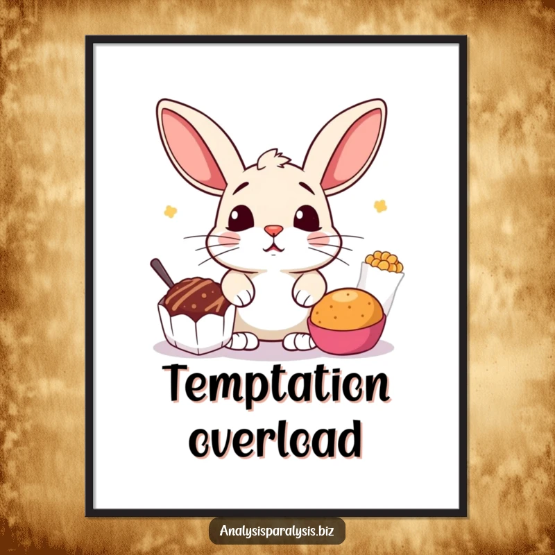 Funny digital art print of a startled bunny with perked ears, caught between two tempting snack options, ready to frame.