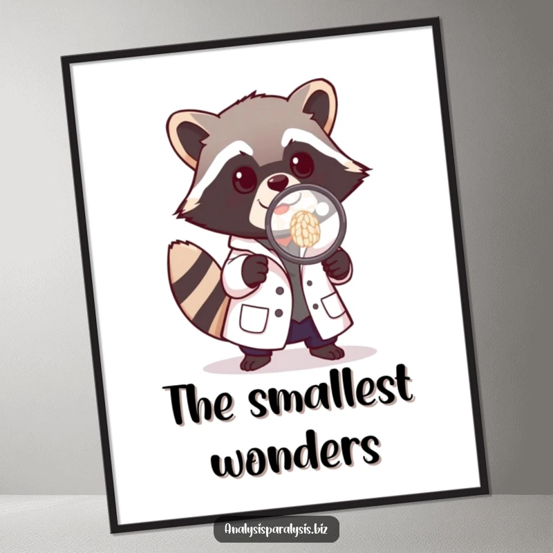 Funny digital art print of a playful raccoon in a tiny lab coat, examining a grain of rice with a magnifying glass, ready to frame.