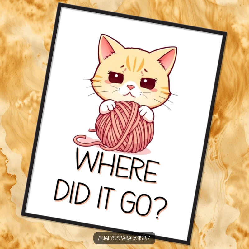 Funny cat digital art print of a confused cat staring blankly at a tangled ball of yarn, adding humor to any space.