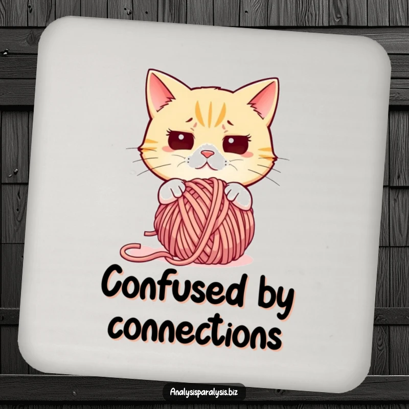 Funny cat drink coaster showing a confused cat staring blankly at a tangled ball of yarn.