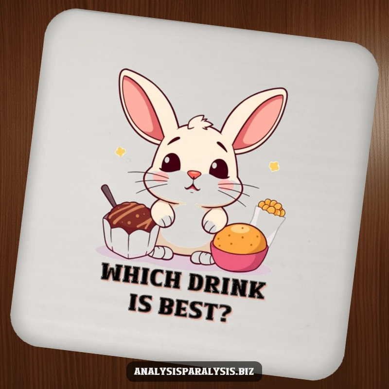 Funny drink coaster with a startled bunny with perked ears, caught between two tempting snack options, protecting surfaces with humor.