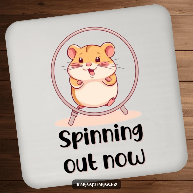 Funny hamster drink coaster showing a determined hamster running furiously on its wheel, symbolizing continuous effort.
