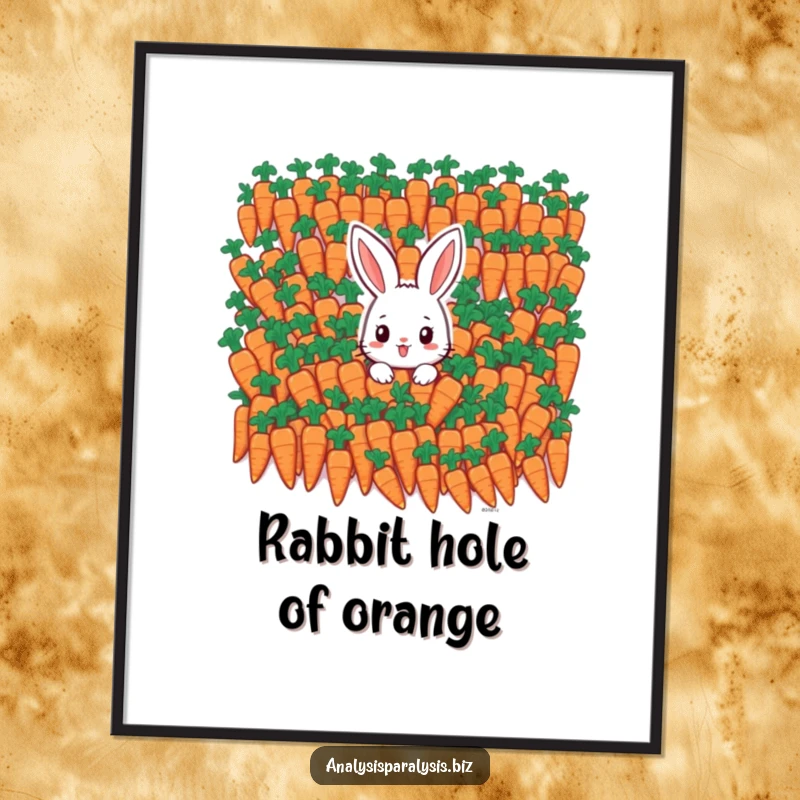 Funny bunny poster of a tiny rabbit overwhelmed by a vast mountain of identical carrots, adding humor to any room.