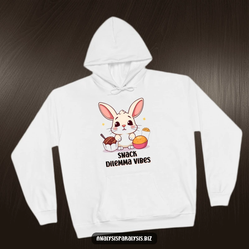 Funny hoodie featuring a startled bunny with perked ears, caught between two tempting snack options, offering cozy humor.