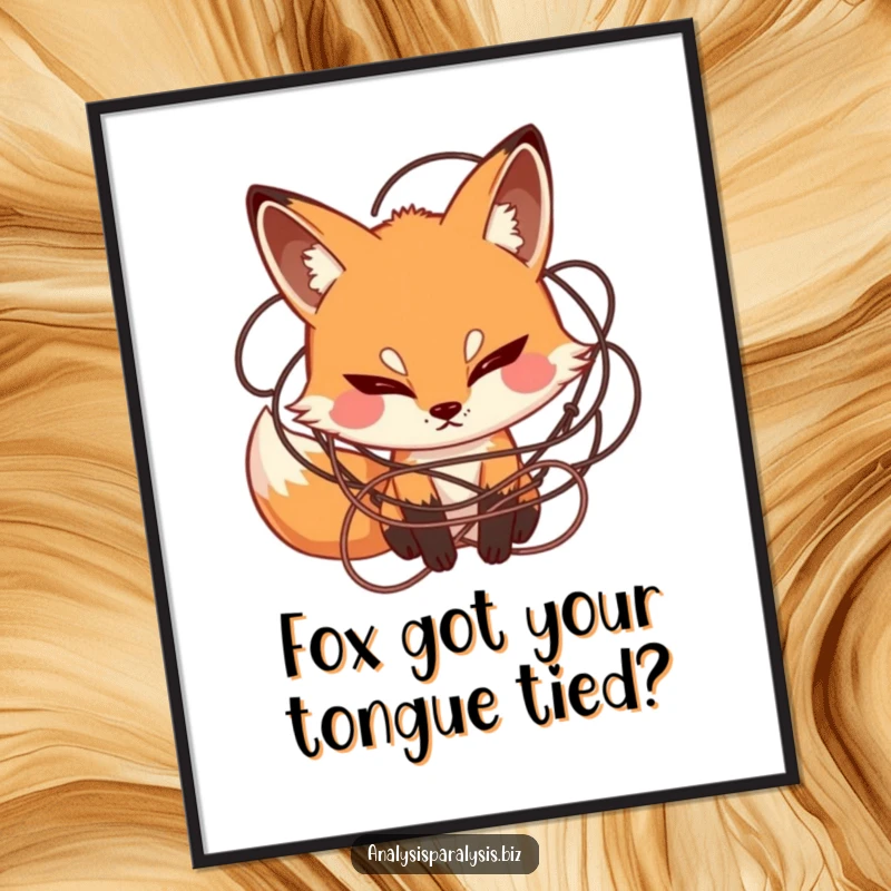 Funny Free Printable Wall Art: A curious fox with a furrowed brow, caught in a web of tangled string, whimsical art.