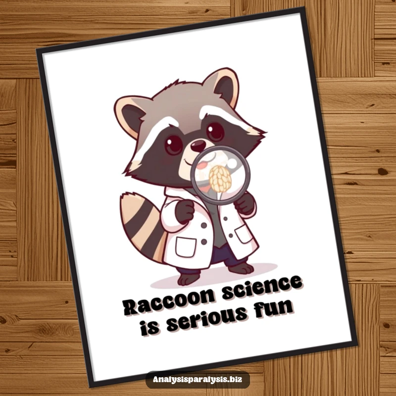 Funny Free Printable Wall Art: A raccoon in a tiny lab coat examining a single grain of rice with a magnifying glass, quirky art.