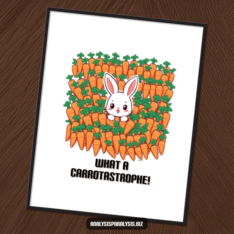 Funny free printable wall art of a small bunny feeling swamped by an absurdly large pile of carrots.