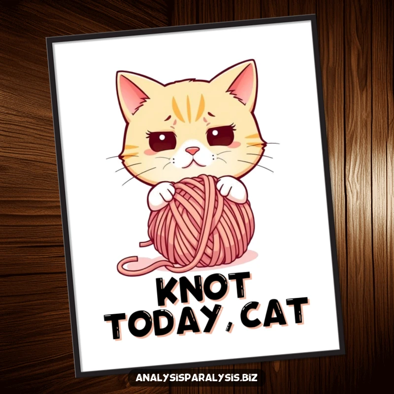 Funny free printable wall art of a bewildered cat staring at an impossibly tangled ball of yarn.