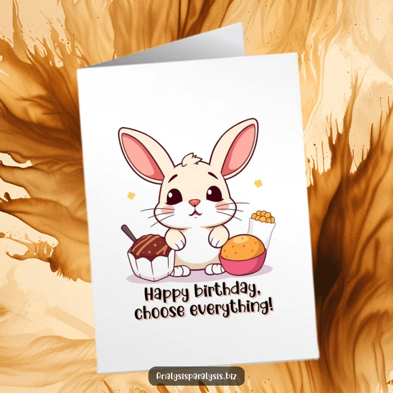 Funny Free Printable Birthday Card: Startled bunny with perked ears deciding between two tempting snacks, a humorous birthday dilemma.