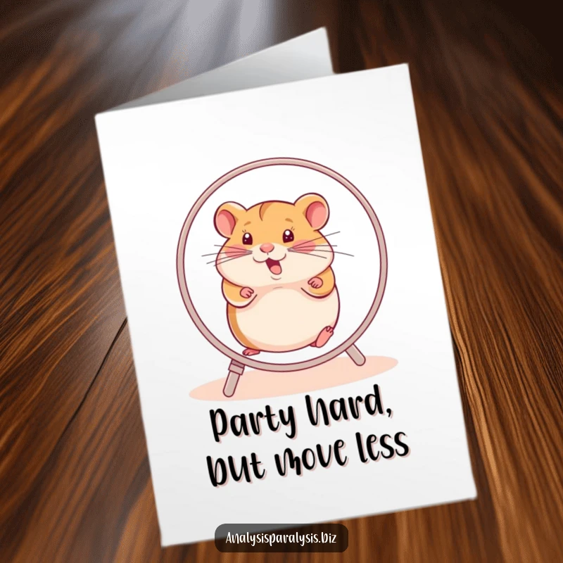 Funny free printable birthday card showing a determined hamster running endlessly on a wheel, achieving nothing.