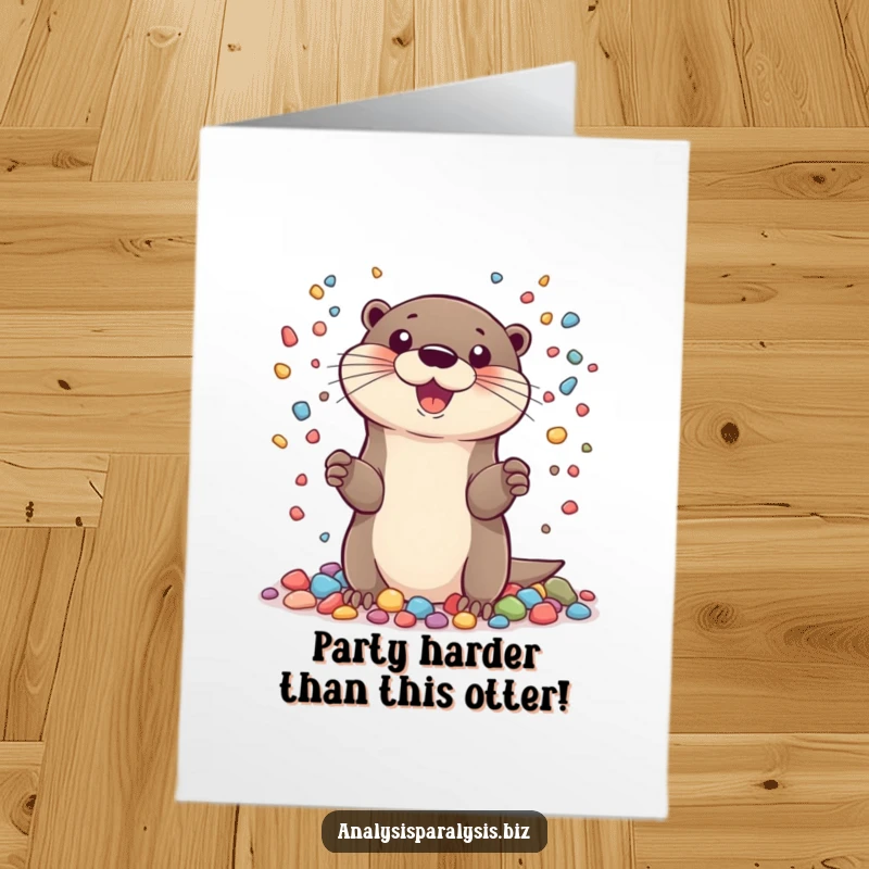 Funny Free Printable Birthday Card: Cheerful otter expertly juggling many small, colorful pebbles, a delightful and amusing illustration.