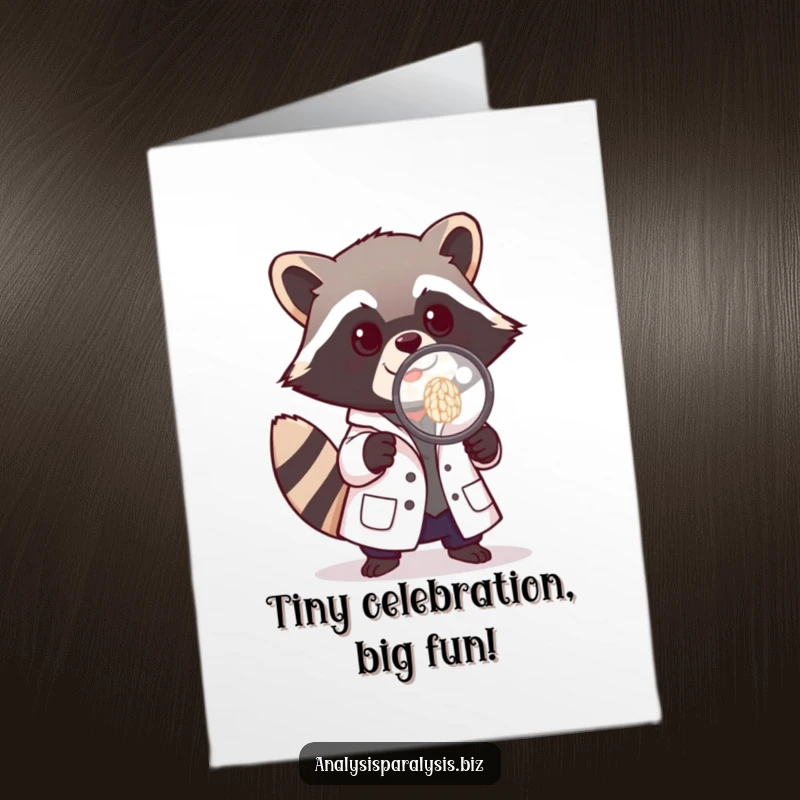 Funny Free Printable Birthday Card: Raccoon in lab coat examining rice grain with magnifying glass, a humorous birthday science theme.