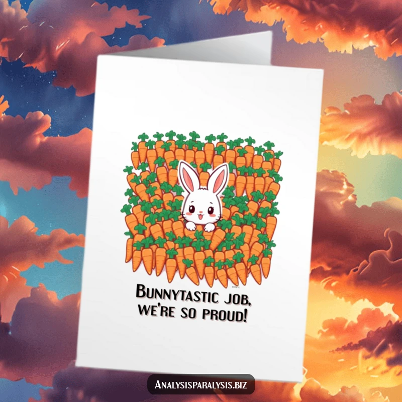 Free printable congratulations card with a small bunny looking overwhelmed by an endless mountain of carrots.