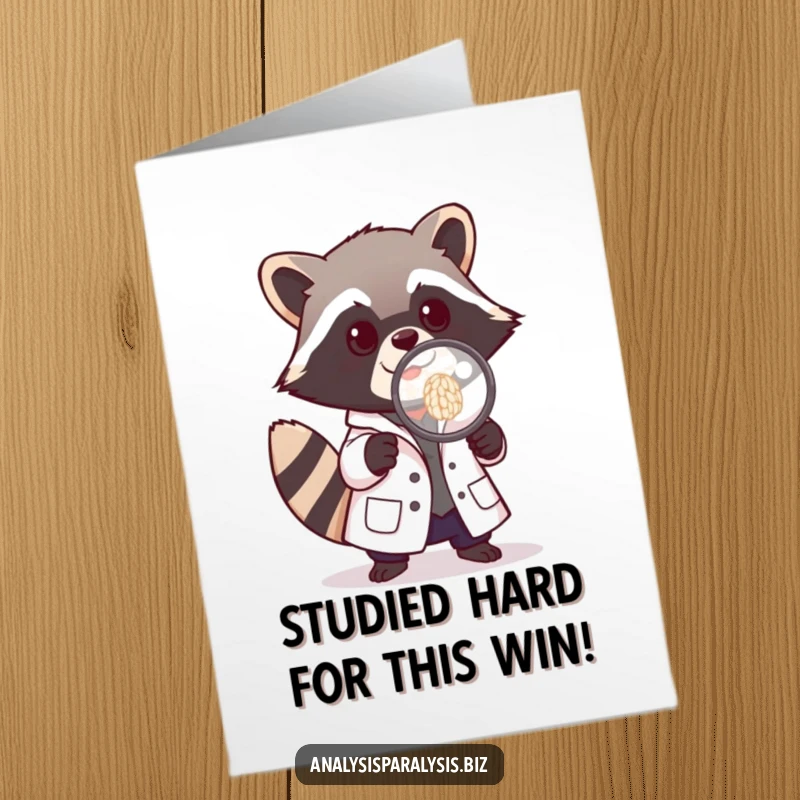 Funny Free Printable Congrats Card: Raccoon scientist peering at a rice grain, celebrating a scientific breakthrough, downloadable.