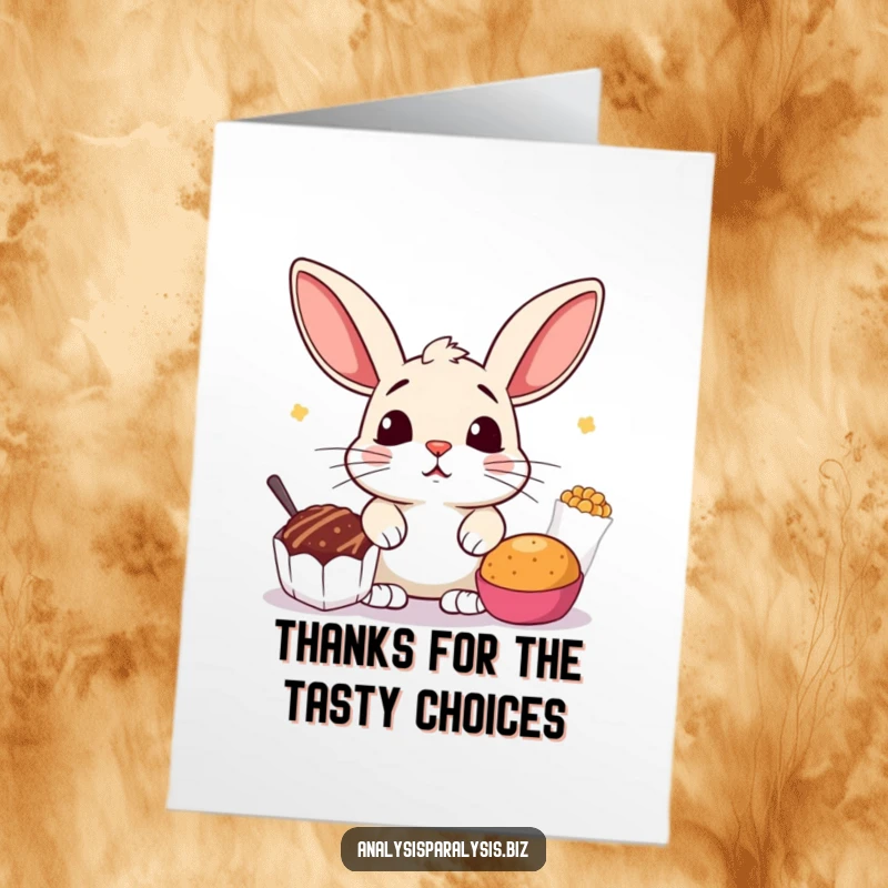 Funny Free Printable Thank You Card: Startled bunny caught between two snacks, a humorous and adorable thank you design.