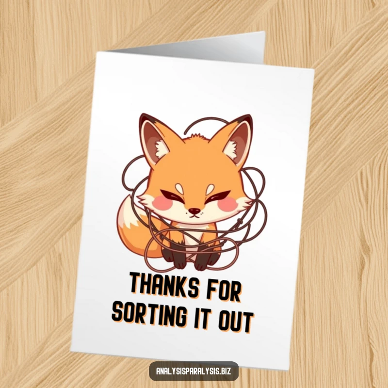 Funny Free Printable Thank You Card: Fox with a confused expression tangled in string, a humorous and endearing thank you.