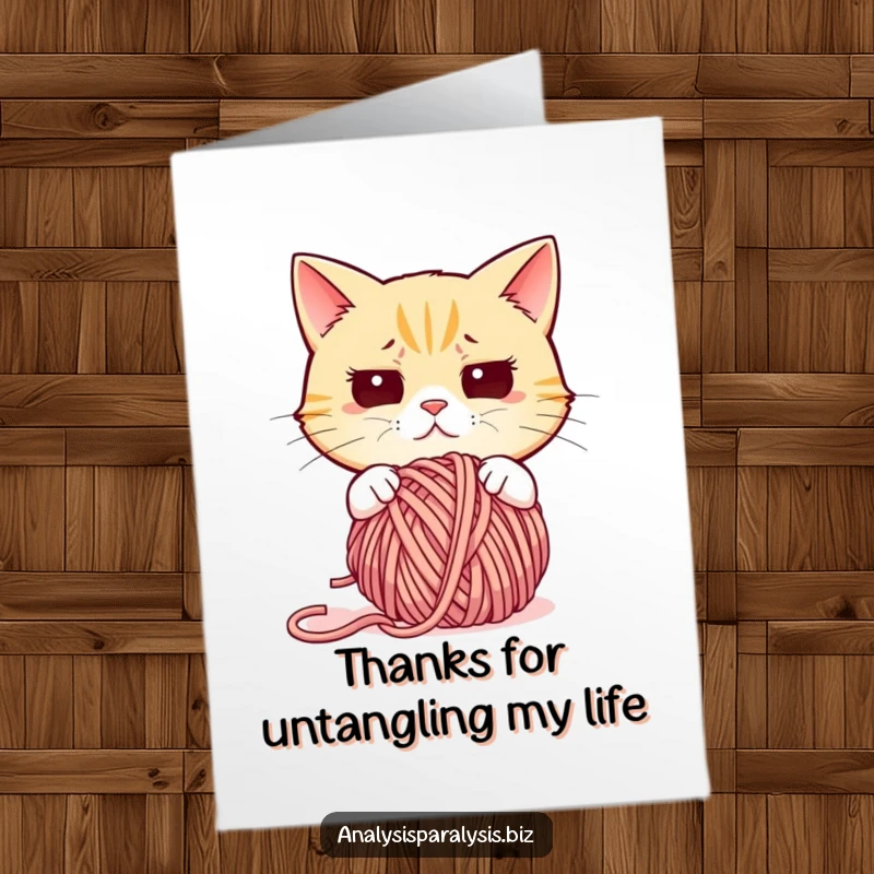 Funny free printable thank you card with a cat completely lost in a chaotic ball of yarn.