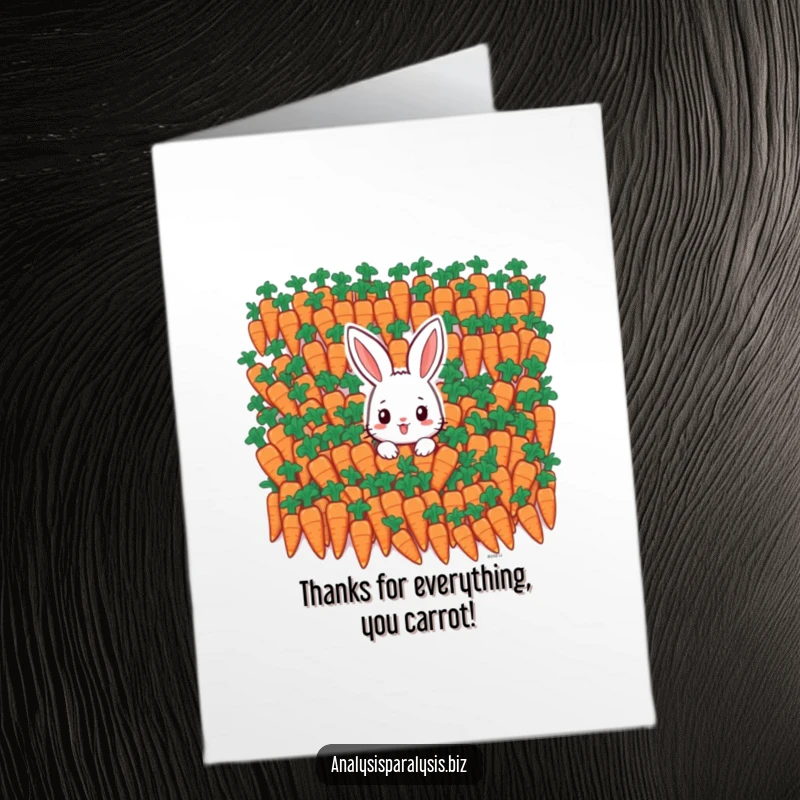 Funny free printable thank you card depicting a tiny bunny lost in a gigantic heap of identical carrots.