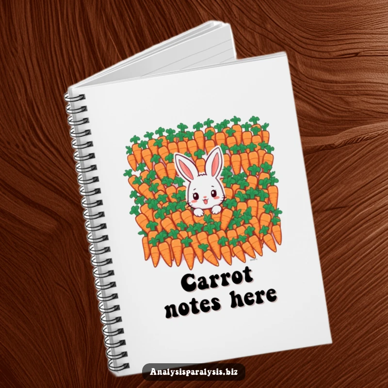 Funny bunny notebook with a cover showing a tiny rabbit overwhelmed by a gigantic pile of identical carrots.