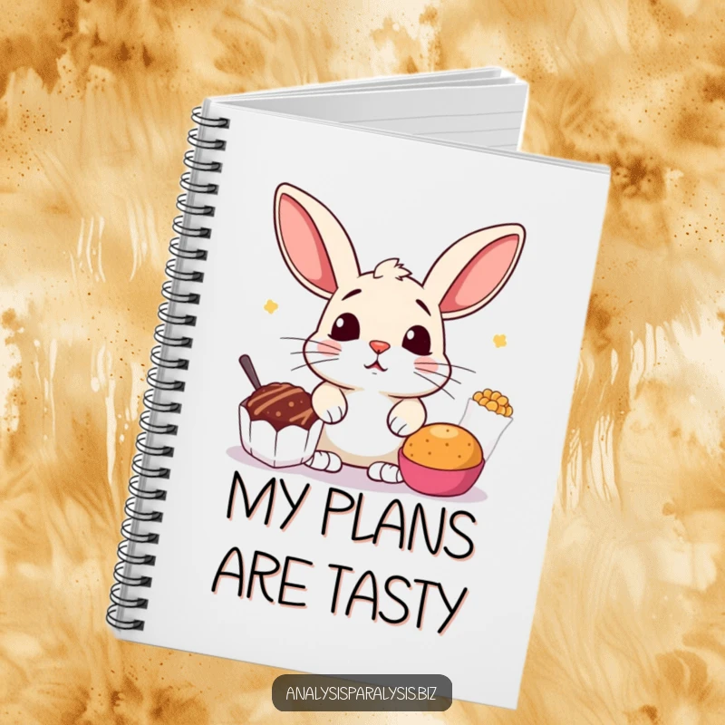 Funny notebook with a startled bunny with perked ears, caught between two tempting snack options, ideal for journaling and notes.