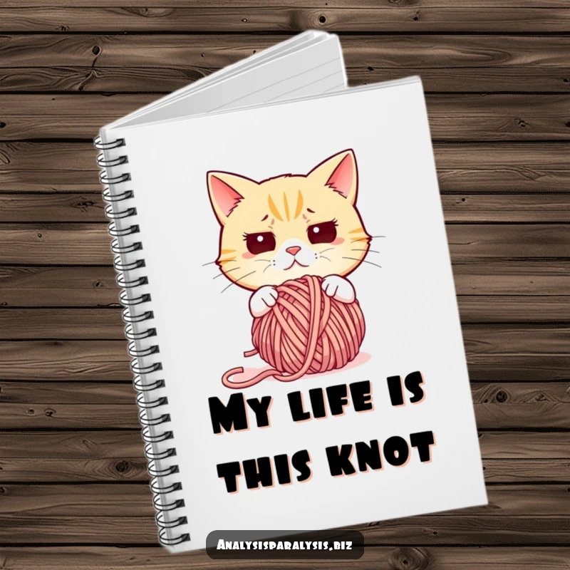 Funny cat notebook with a cover showing a confused cat staring blankly at a tangled ball of yarn.