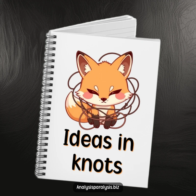 Funny notebook with a curious fox with a furrowed brow, surrounded by tangled string, ideal for journaling and note-taking.