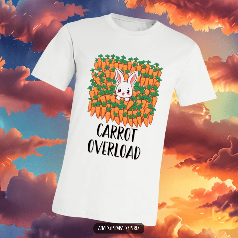 Funny bunny t-shirt showing a small rabbit dwarfed by an enormous pile of identical carrots, expressing sheer overwhelm.