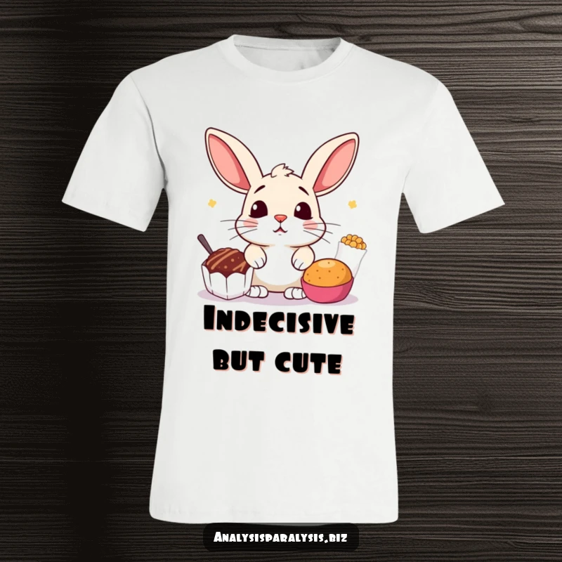 Funny t-shirt depicting a startled bunny with wide eyes, torn between two equally appealing snack choices, showcasing snack indecision.