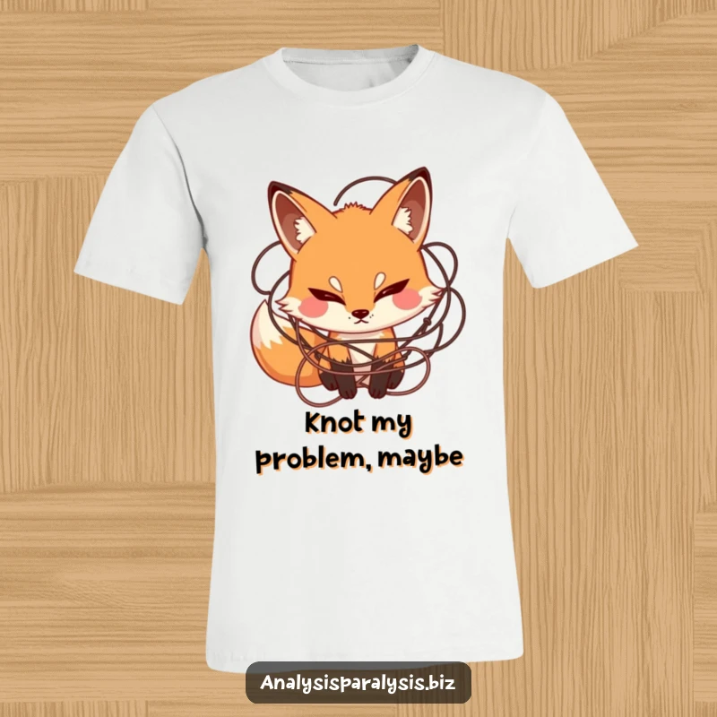 Funny t-shirt showing a curious fox with a serious, furrowed brow, surrounded by a confusing tangle of string.