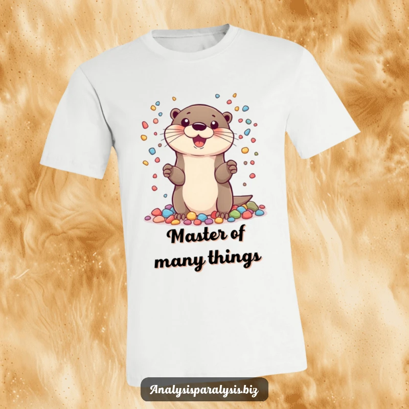 Funny t-shirt showcasing a happy otter skillfully juggling a large quantity of small, colorful pebbles with impressive balance.