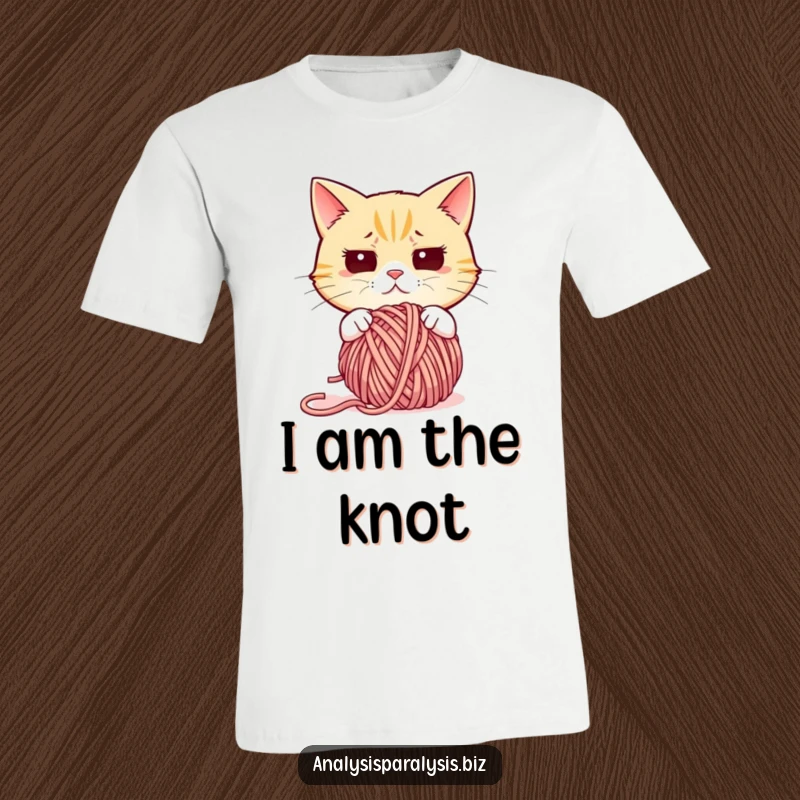 Funny cat t-shirt displaying a perplexed kitty utterly baffled by a sprawling, tangled ball of yarn, showcasing its comical dilemma.