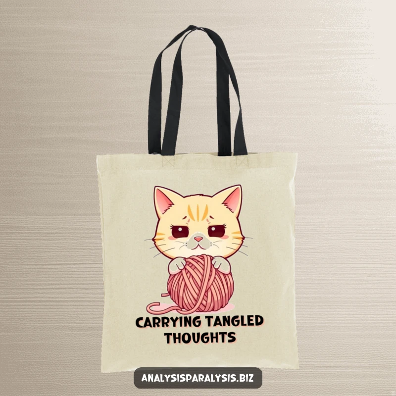 Funny cat tote bag depicting a bewildered cat staring blankly at a large, tangled ball of yarn.